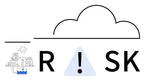 Text RISK with a cloud element, exclamation mark in a triangle, and industria Stock Illustration