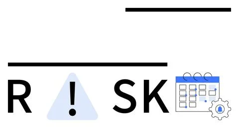 Text RISK with exclamation mark in triangle replacing I, blue calendar icon w 스톡 일러스트