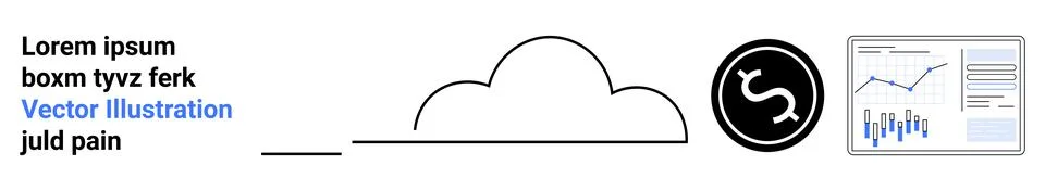 Text sample, cloud outline, circular dollar symbol, bar graph, and line chart Stock Illustration