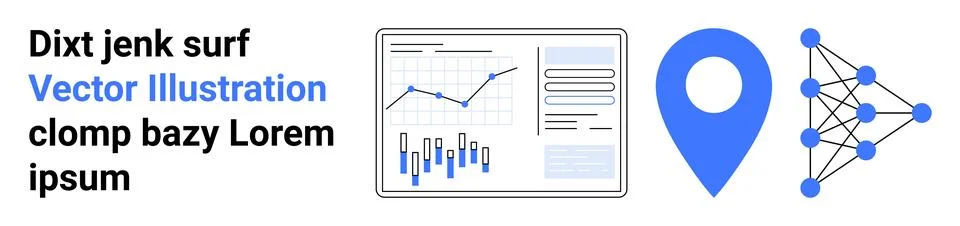 Text with sample phrases, analytics dashboard with graphs, and document, a bl 스톡 일러스트