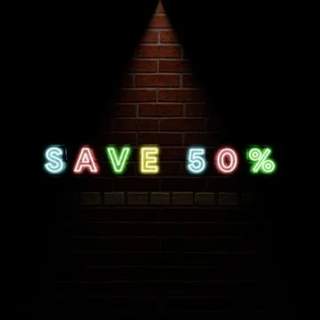 Text save 50% with effect light colorful in wall brick background simple and  Stock Illustration