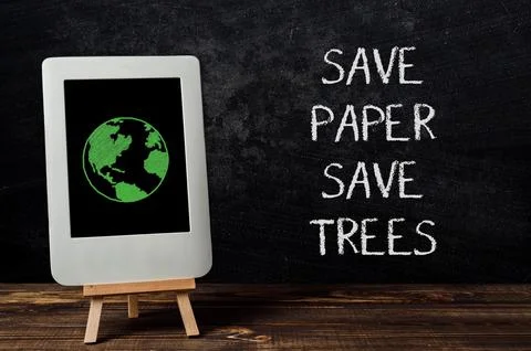 Text Save paper, Save trees on black background Stock Photos