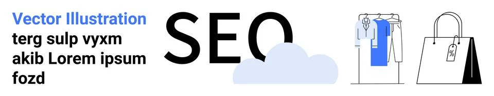 Text SEO with cloud, clothes on rack, shopping bag with tag. Ideal for digita Stock Illustration