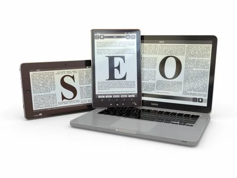 Text seo on screen of laptop, tablet  pc. 3d Stock Illustration