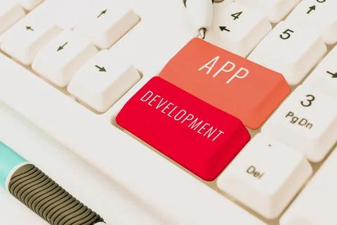 Text showing inspiration App Development. Word Written on producing computer Foto stock
