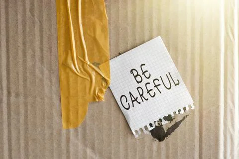 Text showing inspiration Be Careful. Word for making sure of avoiding potential Stock Photos