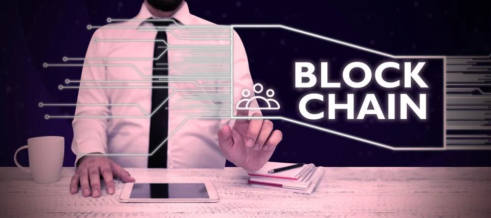 Text showing inspiration Block Chain. Word Written on system in which a record Stock Photos
