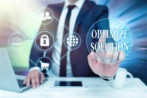 Text showing inspiration Optimize Solution. Word for process of finding the Stock Photos