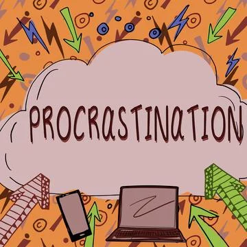 Text showing inspiration Procrastination. Internet Concept Delay or Postpone Illustrazione stock