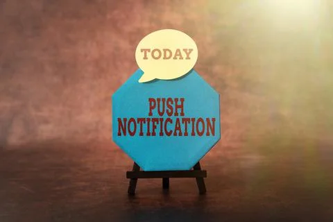 Text showing inspiration Push Notification. Word Written on automated message Stock Photos