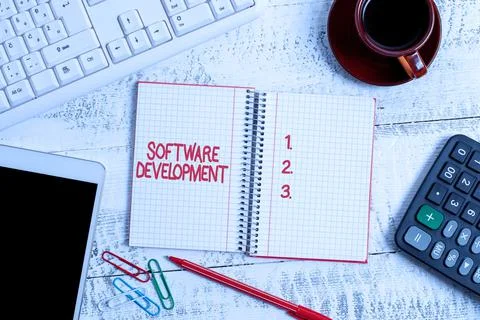 Text showing inspiration Software Development. Business approach software is Stock-Fotos