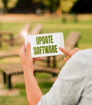 Text showing inspiration Update Software. Business concept replacing program Stock Photos
