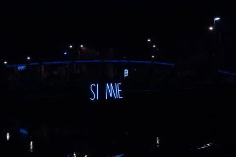 The text si mie on night time Stock Photos