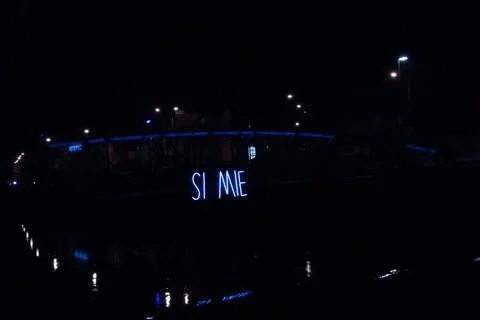 The text si mie on night time Stock Photos