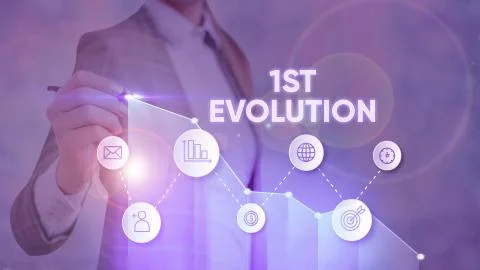 Text sign showing 1St Evolution. Conceptual photo Change in the genetic features Fotos de archivo