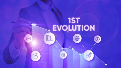 Text sign showing 1St Evolution. Conceptual photo Change in the genetic features Fotos de archivo