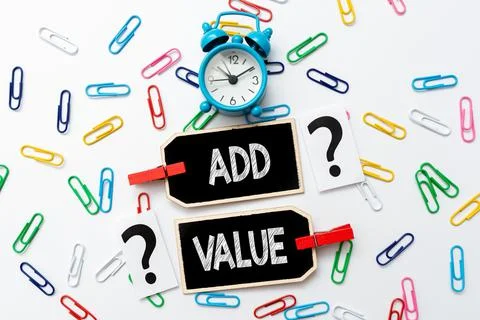 Text sign showing Add Value. Business concept an improvement or addition to 스톡 사진