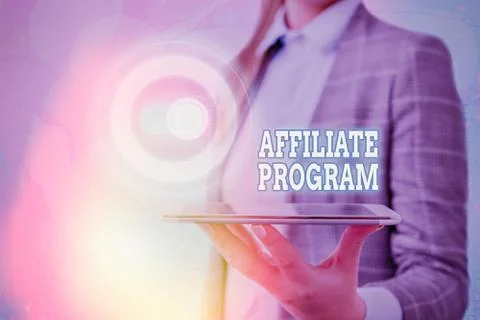 Text sign showing Affiliate Program. Conceptual photo Automated platform of two Stockfoto's