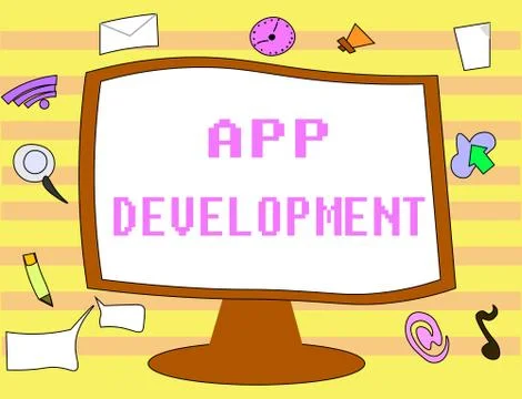 Text sign showing App Development. Conceptual photo Development services for Ilustración de archivo