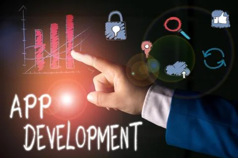Text sign showing App Development. Conceptual photo the act or process by which 스톡 사진