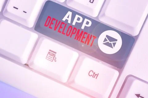 Text sign showing App Development. Conceptual photo the act or process by which 스톡 사진