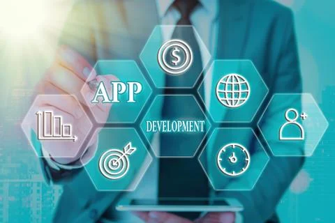 Text sign showing App Development. Conceptual photo producing computer software Stock Photos