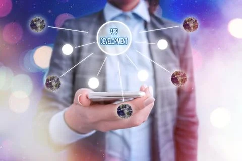 Text sign showing App Development. Conceptual photo producing computer software Stockfoto's