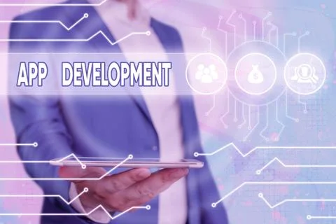 Text sign showing App Development. Conceptual photo producing computer software Stock-Fotos