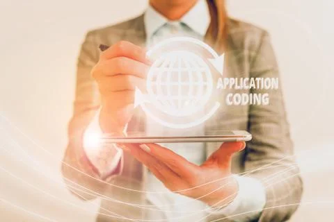 Text sign showing Application Coding. Conceptual photo process by which a mobile Stock Photos