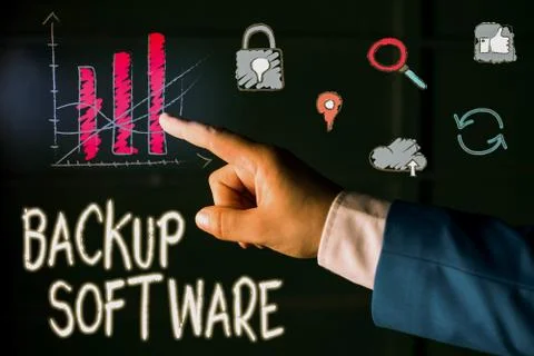 Text sign showing Backup Software. Conceptual photo create extra exact copies of Foto stock