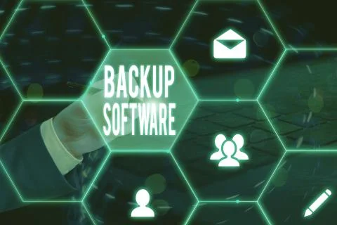 Text sign showing Backup Software. Conceptual photo create extra exact copies of Stock Photos