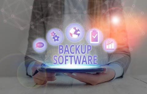 Text sign showing Backup Software. Conceptual photo create extra exact copies of Stock Photos