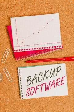 Text sign showing Backup Software. Conceptual photo create extra exact copies of Foto stock