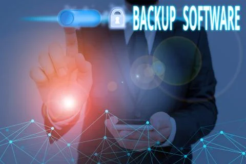 Text sign showing Backup Software. Conceptual photo create extra exact copies of Foto stock