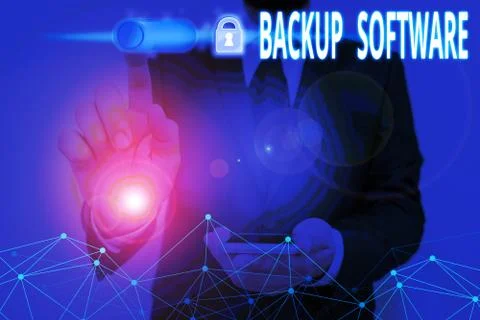 Text sign showing Backup Software. Conceptual photo create extra exact copies of Foto stock