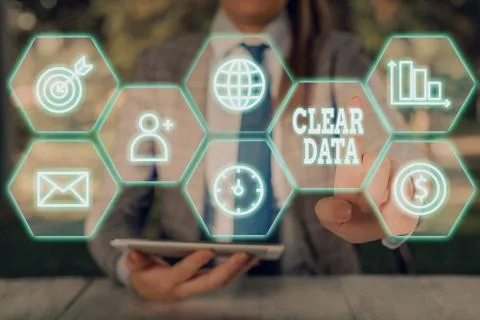 Text sign showing Clear Data. Conceptual photo act of removing unwanted data or Stock Photos