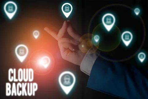 Text sign showing Cloud Backup. Conceptual photo enable customers to remotely Stock Photos