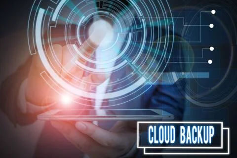 Text sign showing Cloud Backup. Conceptual photo enable customers to remotely Foto stock