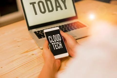 Text sign showing Cloud Tech. Conceptual photo storing and accessing data and Foto stock