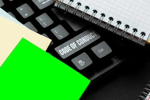 Text sign showing Code Of Conduct. Word for set of principles are ethics Stock Photos