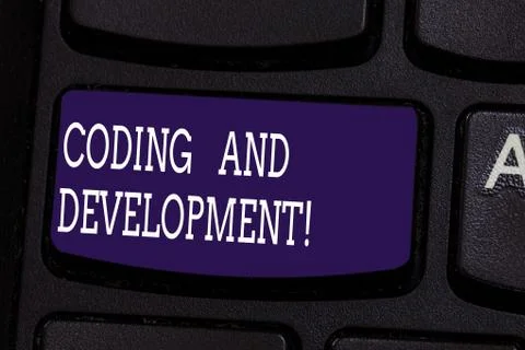 Text sign showing Coding And Development. Conceptual photo To program or create Stock Photos