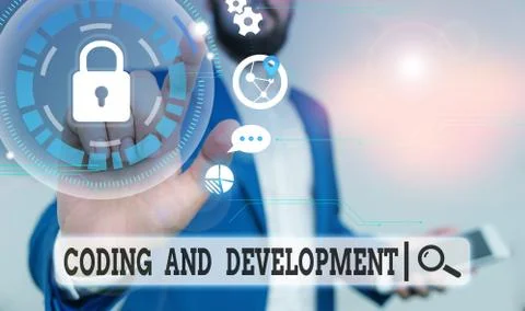 Text sign showing Coding And Development. Conceptual photo Programming Building Stock Photos