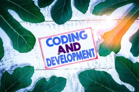 Text sign showing Coding And Development. Conceptual photo Programming Building Stock Photos