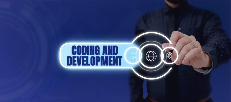 Text sign showing Coding And Development. Business approach Programming Building Stock Photos