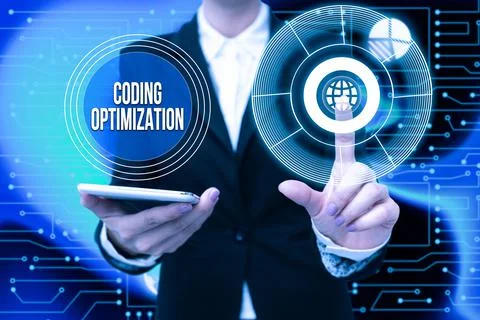 Text sign showing Coding Optimization. Business idea method of code modification Foto stock