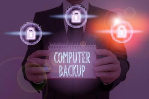 Text sign showing Computer Backup. Conceptual photo the act of copying of files Stock Photos