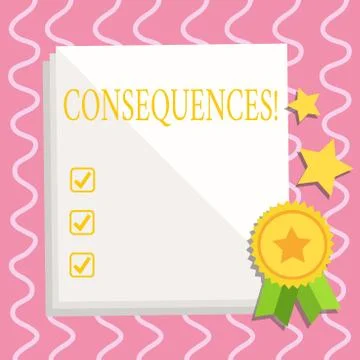 Text sign showing Consequences. Conceptual photo Result Outcome Output Upshot Illustrazione stock