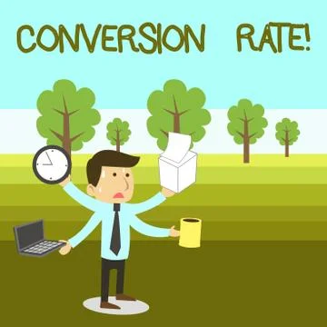 Text sign showing Conversion Rate. Conceptual photo number of visitors to a Illustrazione stock