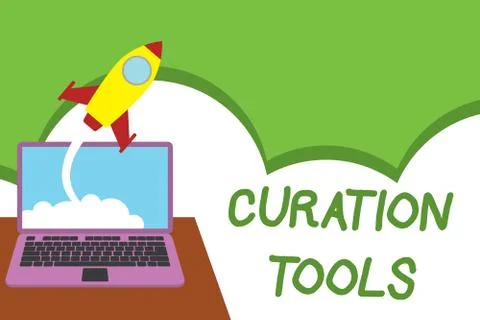 Text sign showing Curation Tools. Conceptual photo Software used in gathering Illustrazione stock