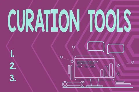 Text sign showing Curation Tools. Word Written on Software used in gathering Ilustração Stock